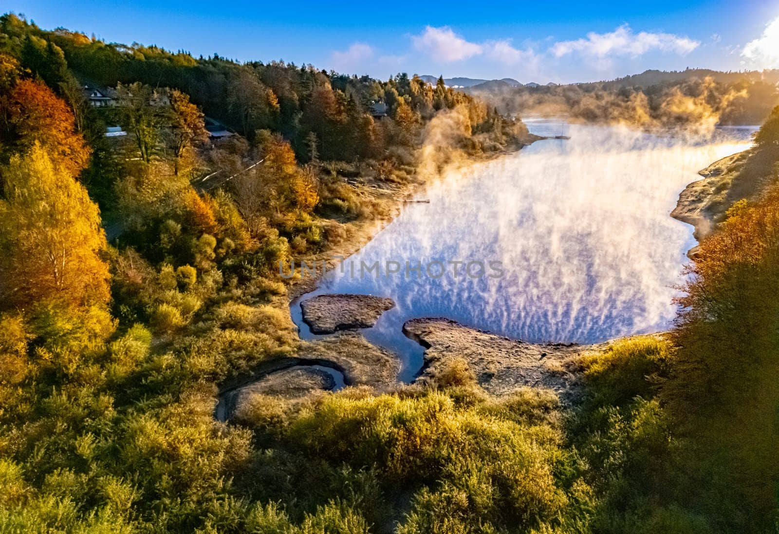 Aerial view of Lake Solina near the village of Zawoz in Bieszczady Mountains, Poland