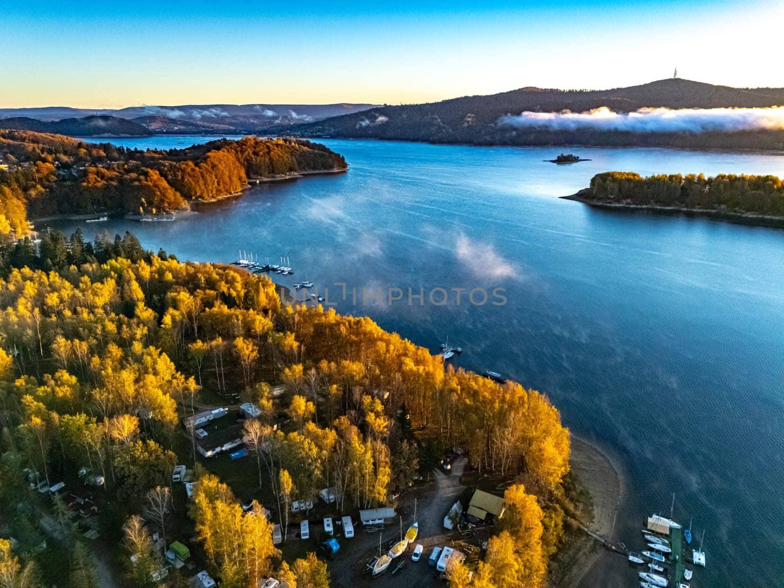 Aerial view of Lake Solina near the village of Zawoz in Bieszczady Mountains, Poland