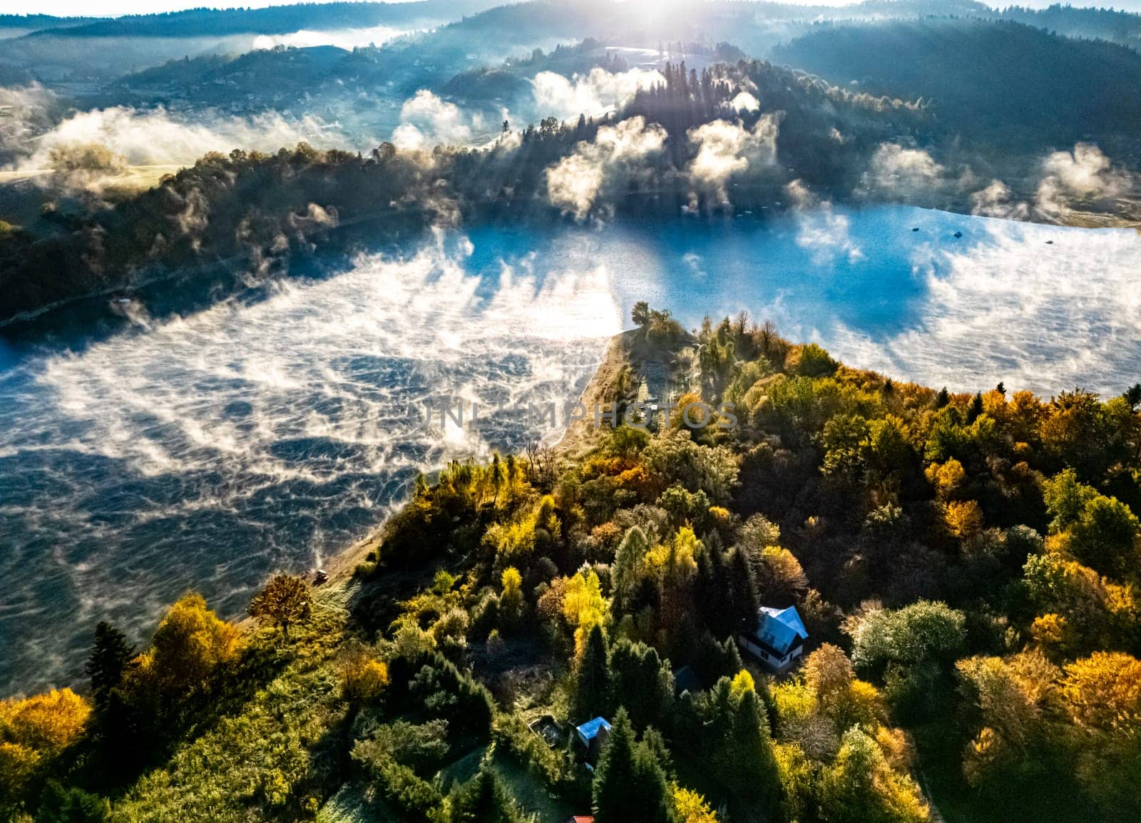 Aerial view of Lake Solina near the village of Zawoz in Bieszczady Mountains, Poland