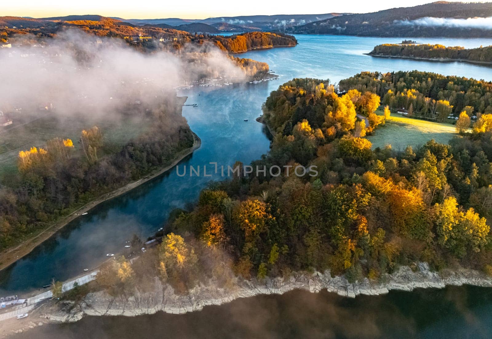 Aerial view of Lake Solina near the village of Zawoz in Bieszczady Mountains, Poland