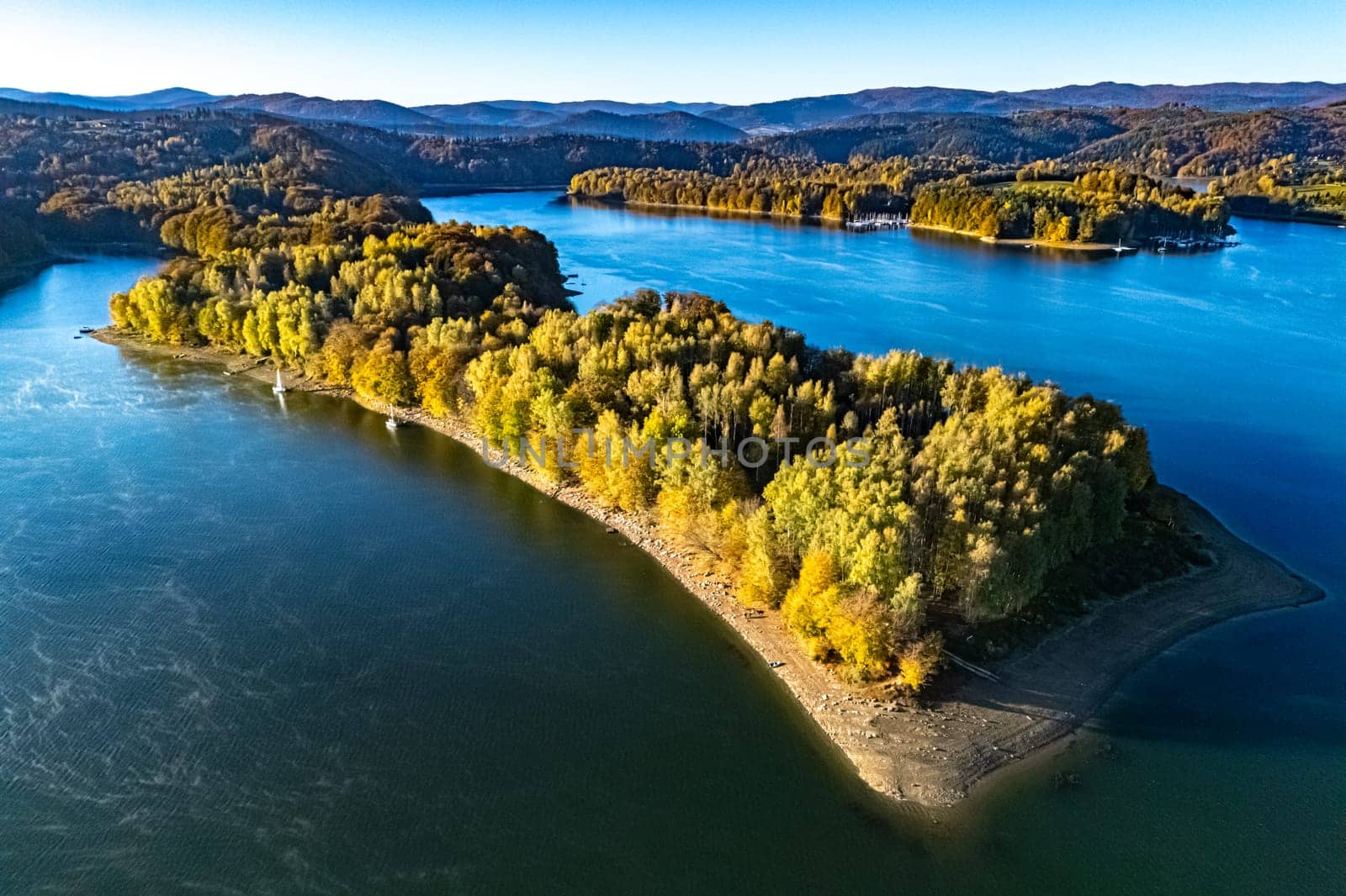 Aerial view of Lake Solina near the village of Zawoz in Bieszczady Mountains, Poland