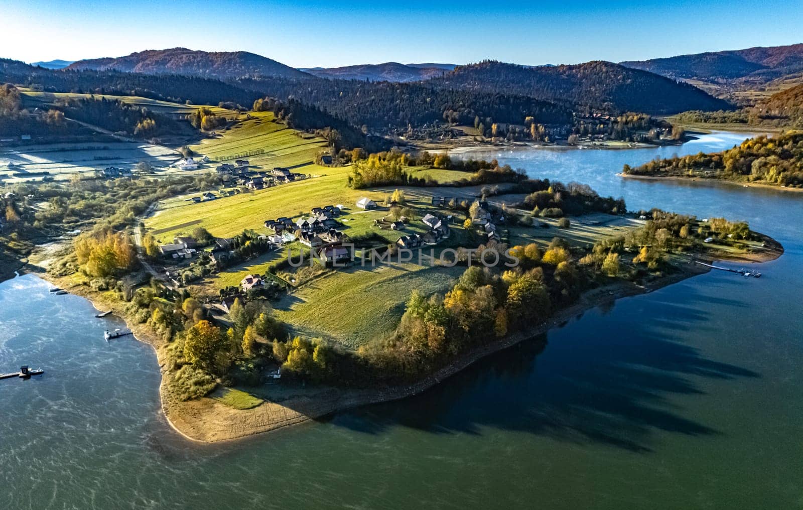 Aerial view of Lake Solina near the village of Zawoz in Bieszczady Mountains, Poland