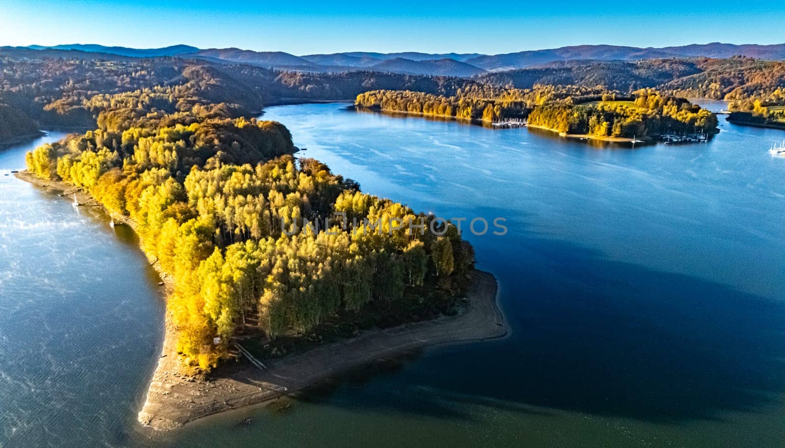 Aerial view of Lake Solina near the village of Zawoz in Bieszczady Mountains, Poland