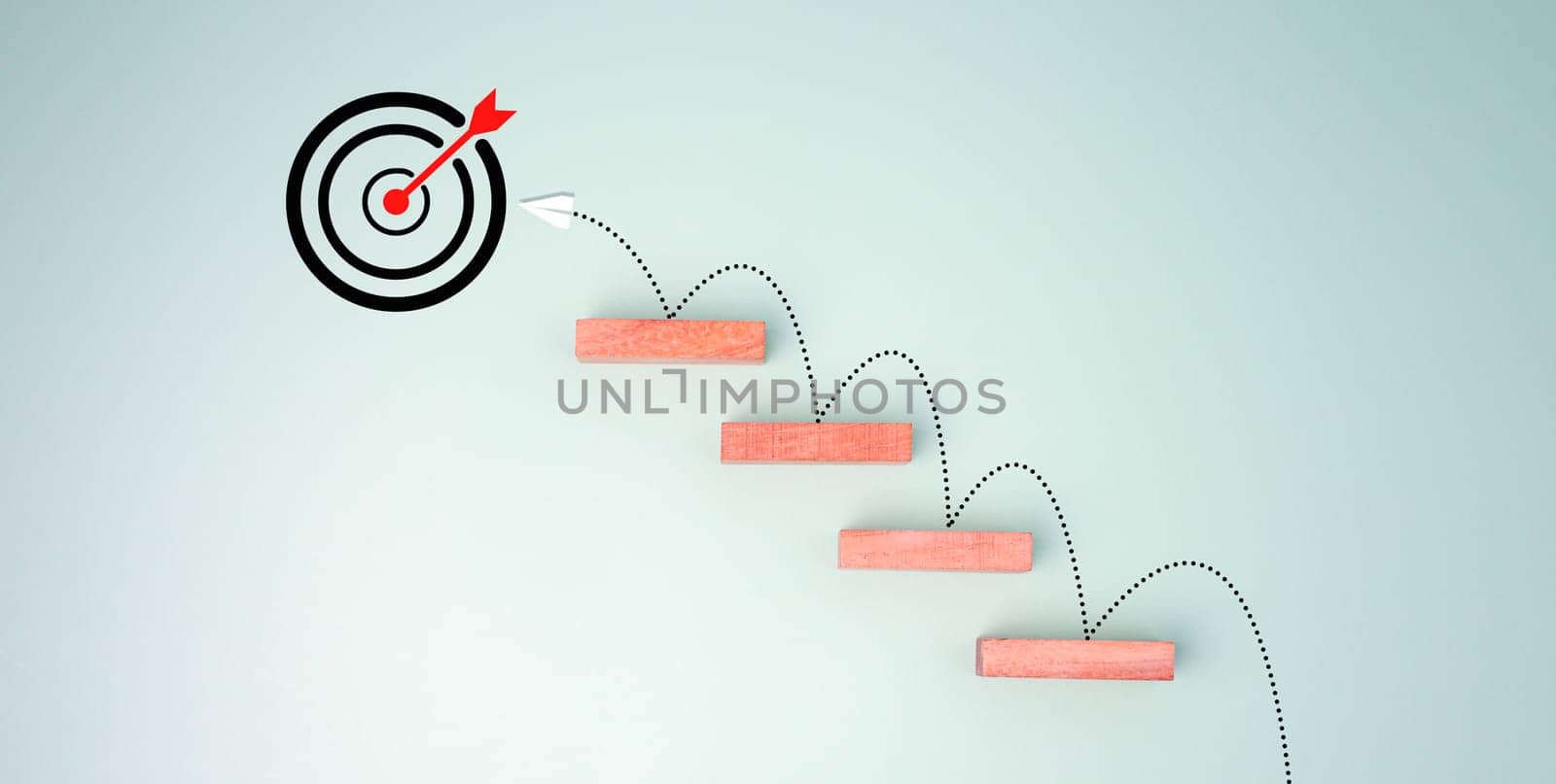 Block step on green background with target board icon on green background, Goal of business, Success and business target concept, Project management, company strategy, Business Obstacles and Risks.