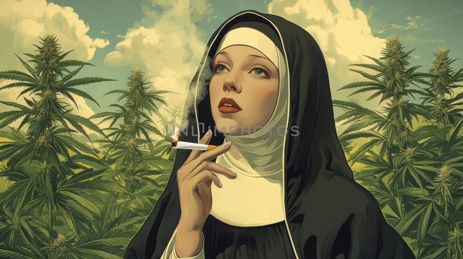Woman dressed as nun smoking marijuana. AI generative.