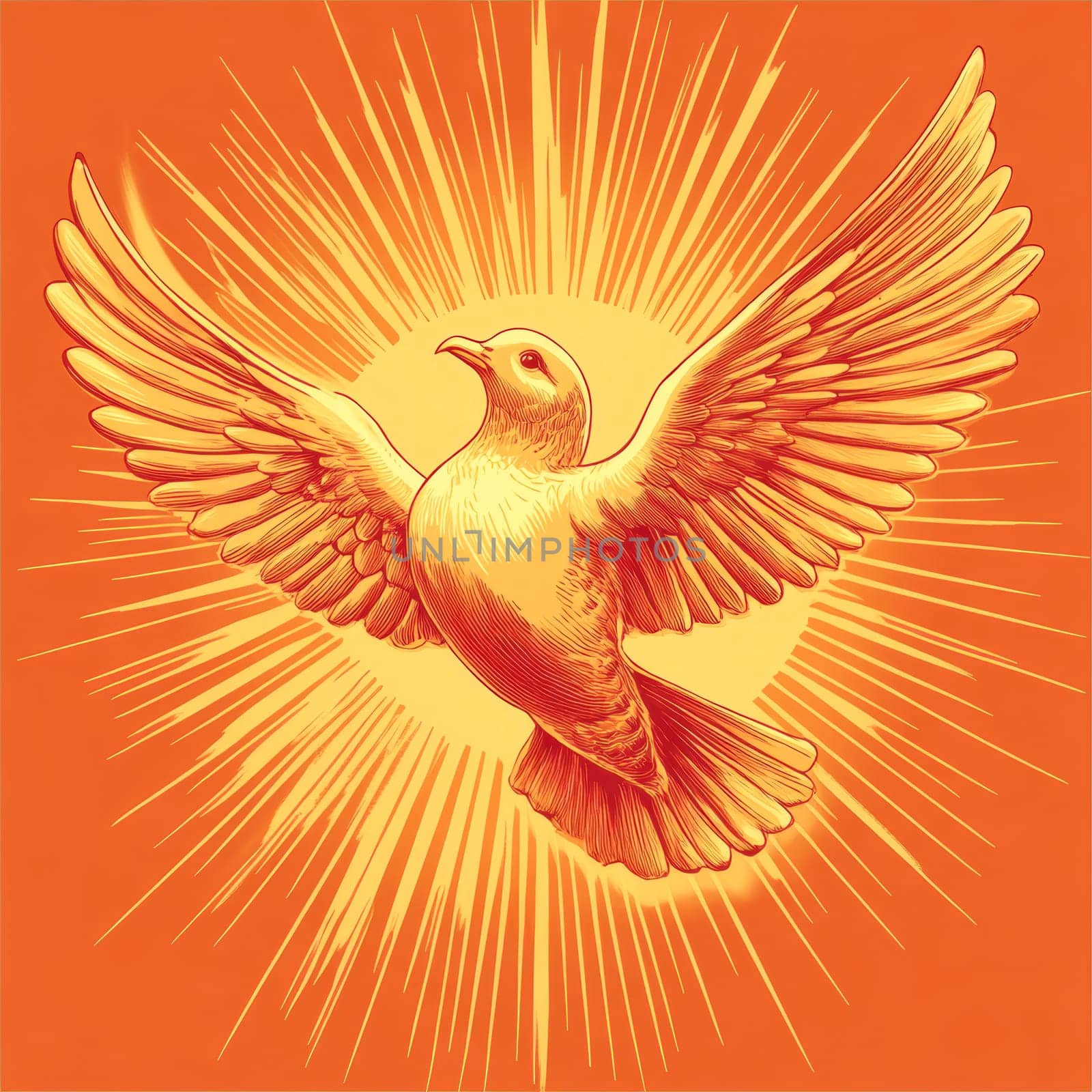 Graphic and biblical representation of the Holy Spirit in the form of a dove. AI generativ.