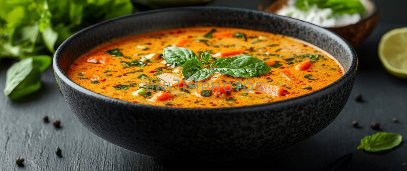 healthy pumpkin soup with ginger carrots and coconut milk . AI generative.