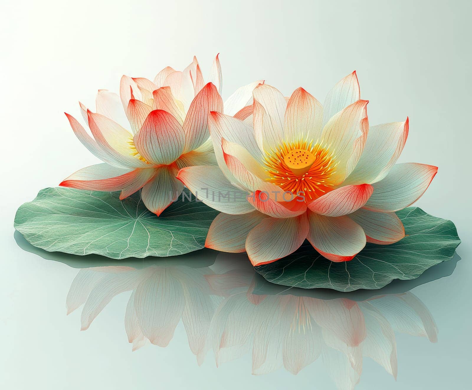 Lotus leaf, water reflection, perspective aesthetics, soft gradient colors, red and yellow, minimalist image from ancient China. AI generative.