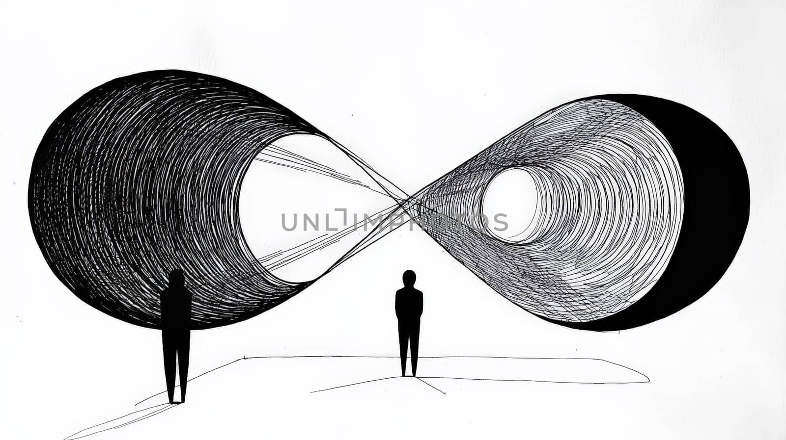 A powerful black ink diagram on white paper that explores the distinction between perception and reality, symbolized by an oval-shaped distortion in space. This minimalist yet impactful design uses subtle lighting to highlight our interpretation of real radio waves, blending simplicity with high-tech concepts.