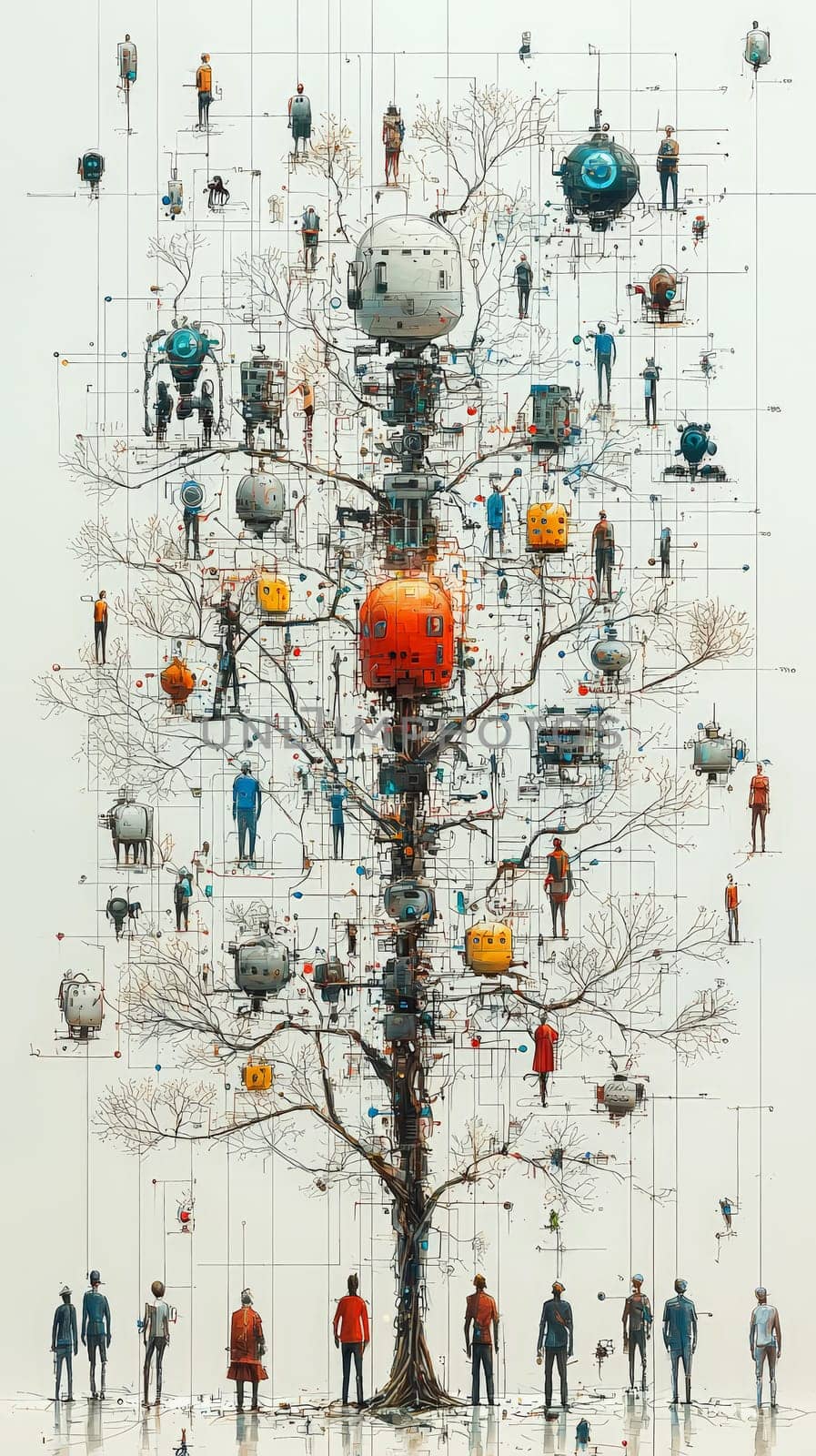 A meticulously crafted, hyper-detailed organizational chart illustrating a structured hierarchy featuring both human and robotic members. The chart is set against a clean white background, showcasing various levels of roles and connections, representing the modern integration of human and AI in an organizational structure. Each member is visually distinguished, giving insight into the complexity and synergy of human-robot collaboration within the workplace.