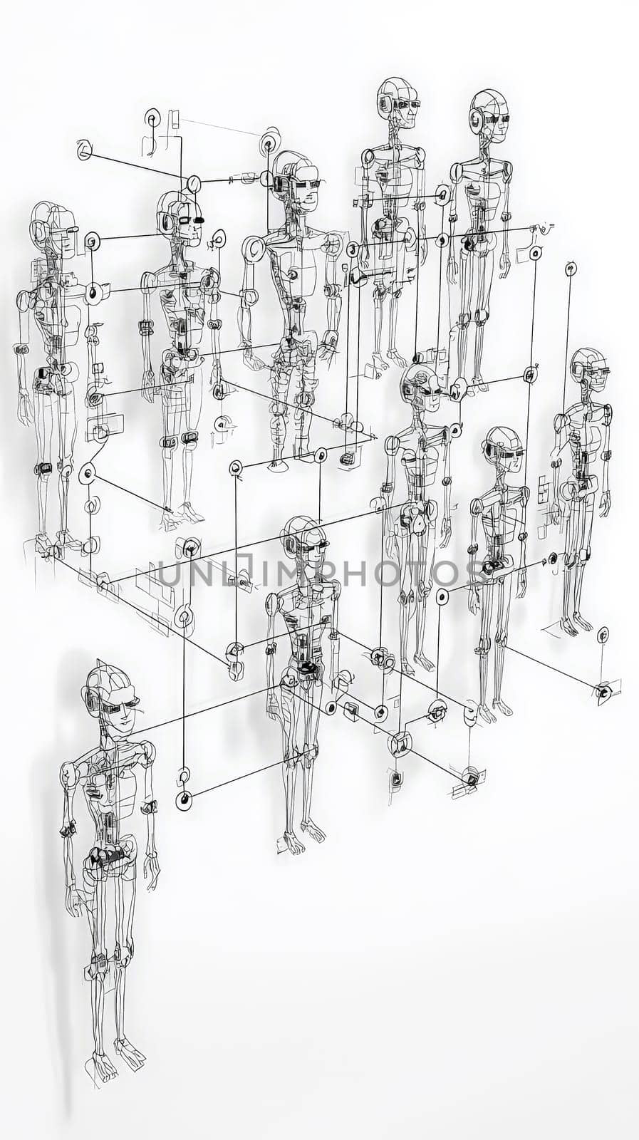 A meticulously crafted, hyper-detailed organizational chart illustrating a structured hierarchy featuring both human and robotic members. The chart is set against a clean white background, showcasing various levels of roles and connections, representing the modern integration of human and AI in an organizational structure. Each member is visually distinguished, giving insight into the complexity and synergy of human-robot collaboration within the workplace.
