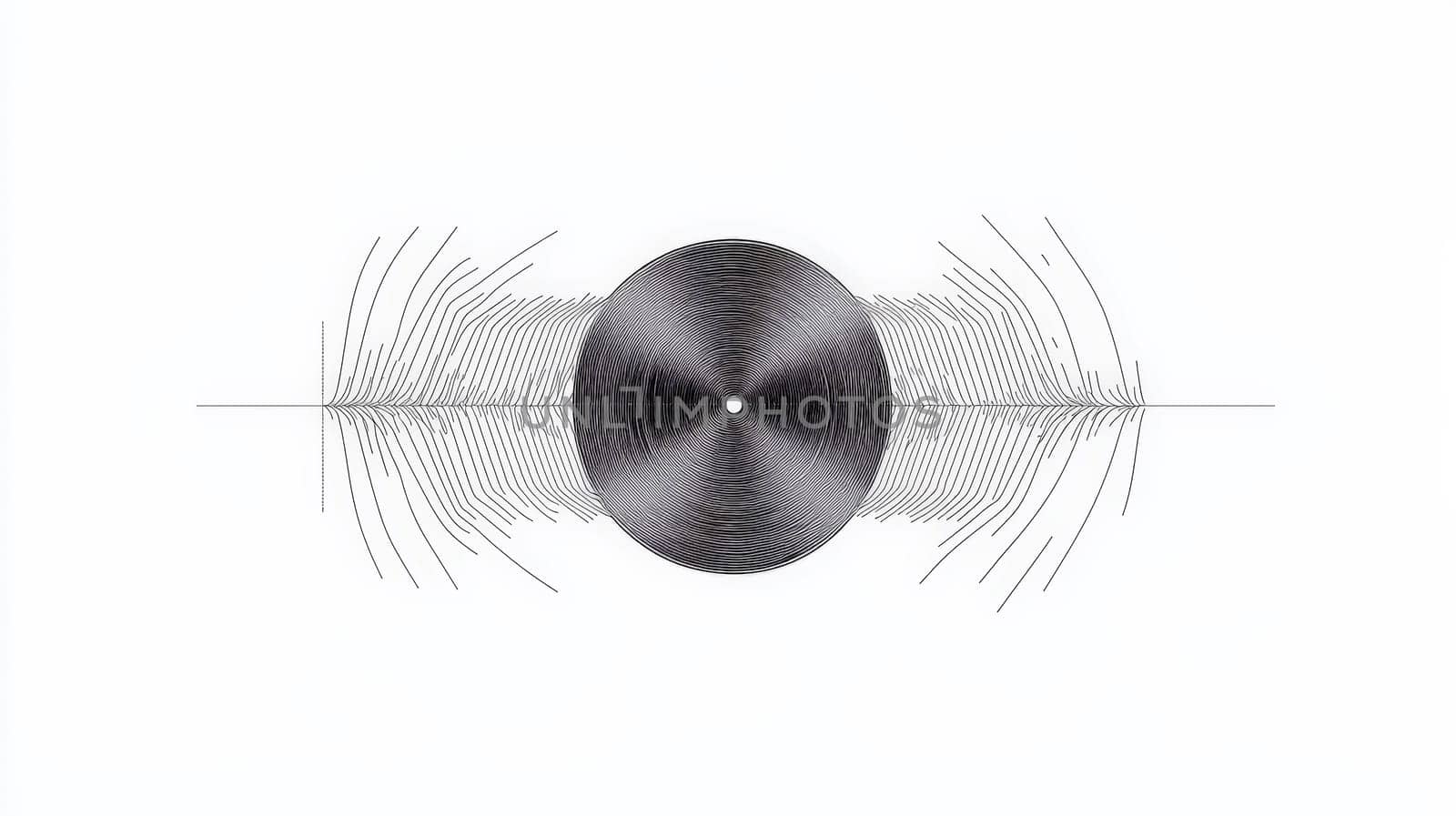 A powerful black ink diagram on white paper that explores the distinction between perception and reality, symbolized by an oval-shaped distortion in space. This minimalist yet impactful design uses subtle lighting to highlight our interpretation of real radio waves, blending simplicity with high-tech concepts.