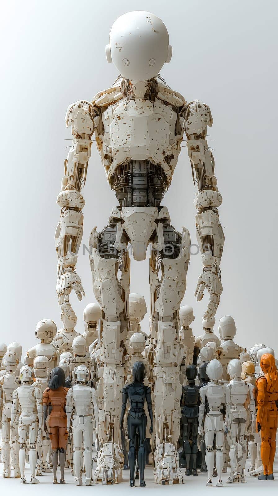 A meticulously crafted, hyper-detailed organizational chart illustrating a structured hierarchy featuring both human and robotic members. The chart is set against a clean white background, showcasing various levels of roles and connections, representing the modern integration of human and AI in an organizational structure. Each member is visually distinguished, giving insight into the complexity and synergy of human-robot collaboration within the workplace.