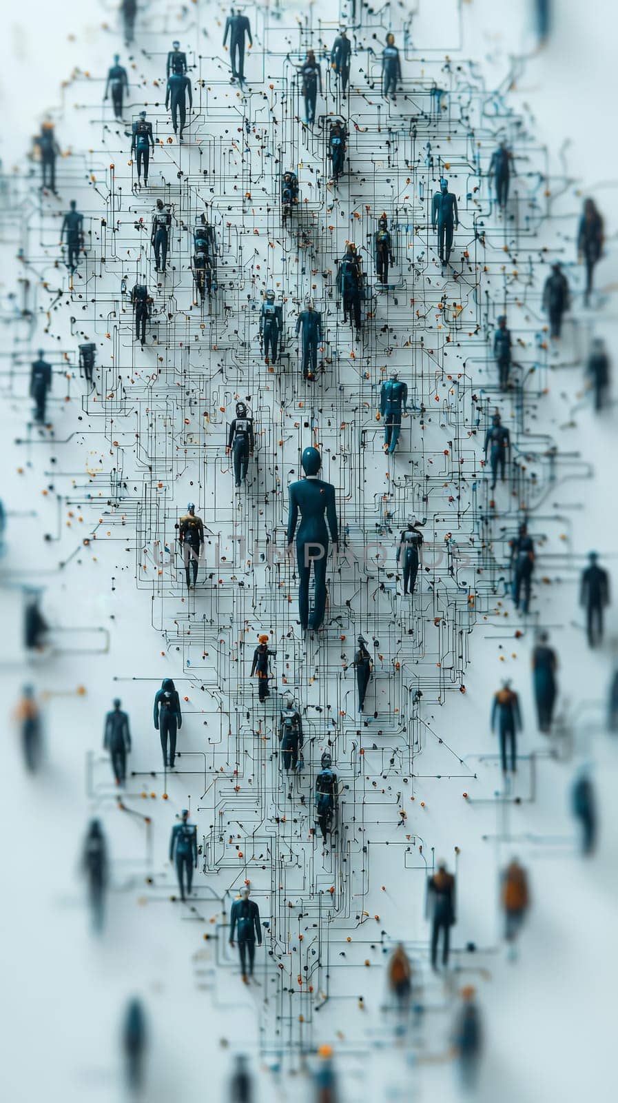 A hyper-detailed 3D-rendered organizational chart featuring a mix of human and robot figures arranged in a hierarchical structure. The white background emphasizes the clarity of each level, showing distinct roles and relationships. Each human and robot member is rendered with technical precision, representing a modern, integrated workforce.