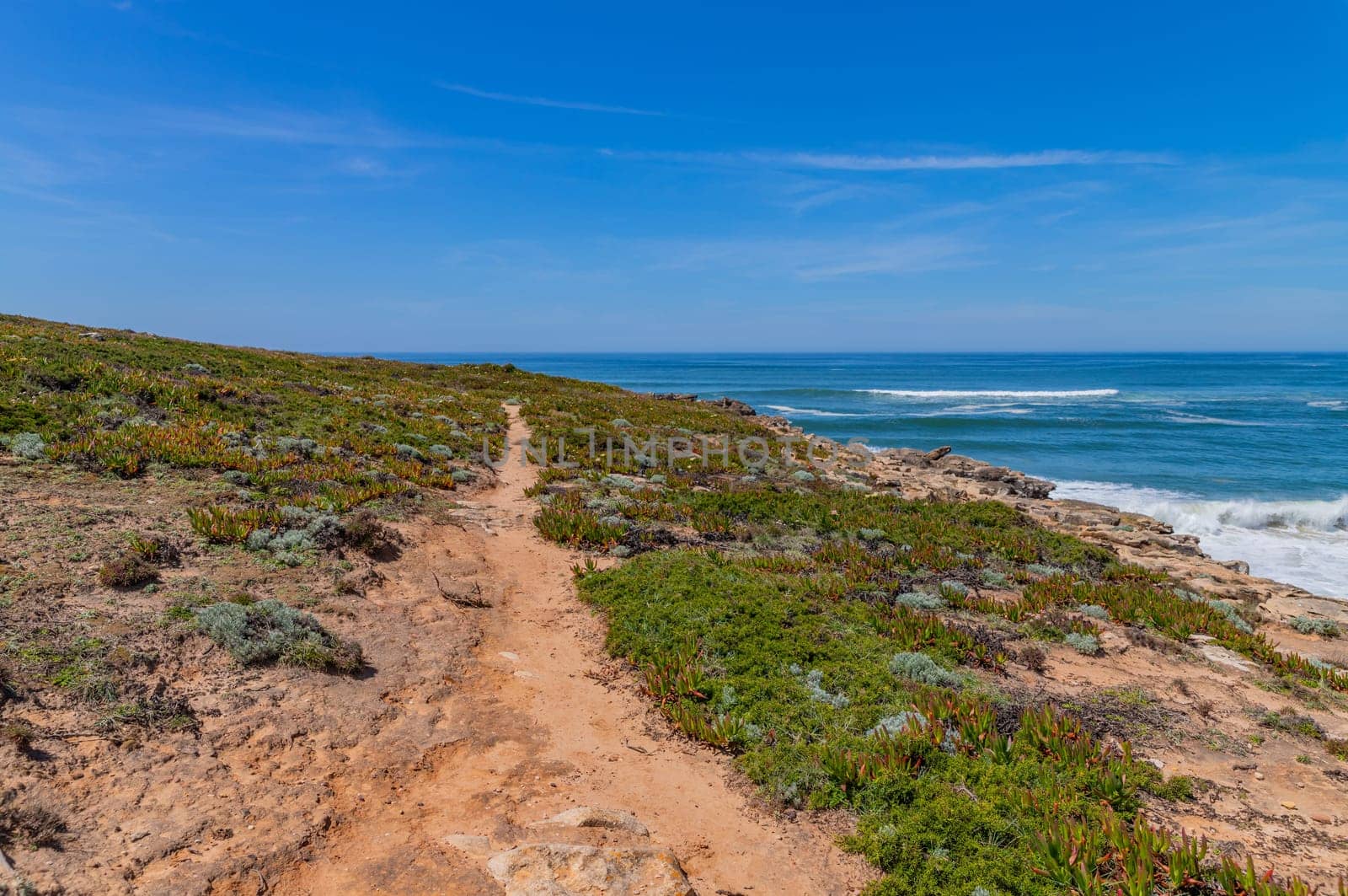 View of ocean waves and fantastic rocky coast in Ericeira, near Lisbon. Portugal