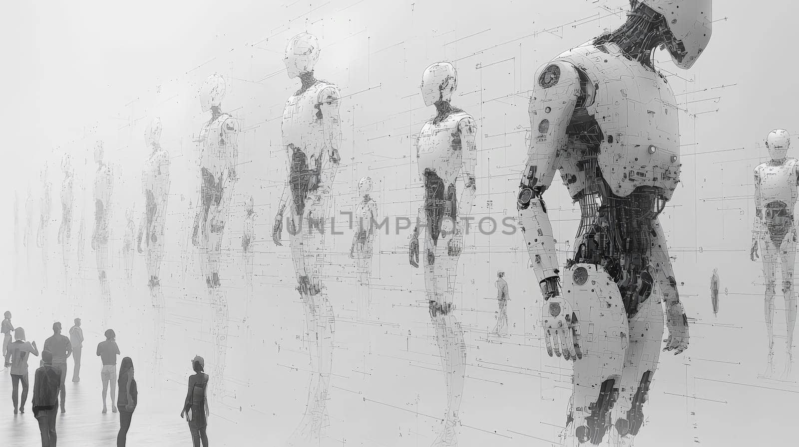 A hyper-detailed 3D-rendered organizational chart featuring a mix of human and robot figures arranged in a hierarchical structure. The white background emphasizes the clarity of each level, showing distinct roles and relationships. Each human and robot member is rendered with technical precision, representing a modern, integrated workforce.