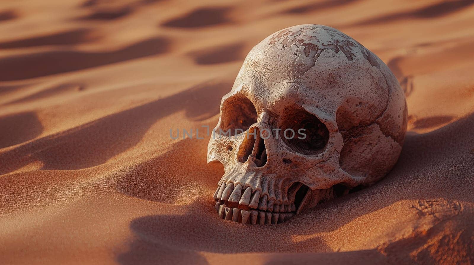 A haunting photo of a skull resting in the arid desert landscape, capturing the stark contrast between life and desolation. The scene evokes themes of survival, the relentless passage of time, and nature's raw beauty.