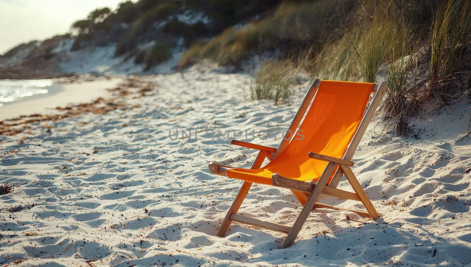 Orange beach chair on sandy shore. Concept of relaxation and vacation.