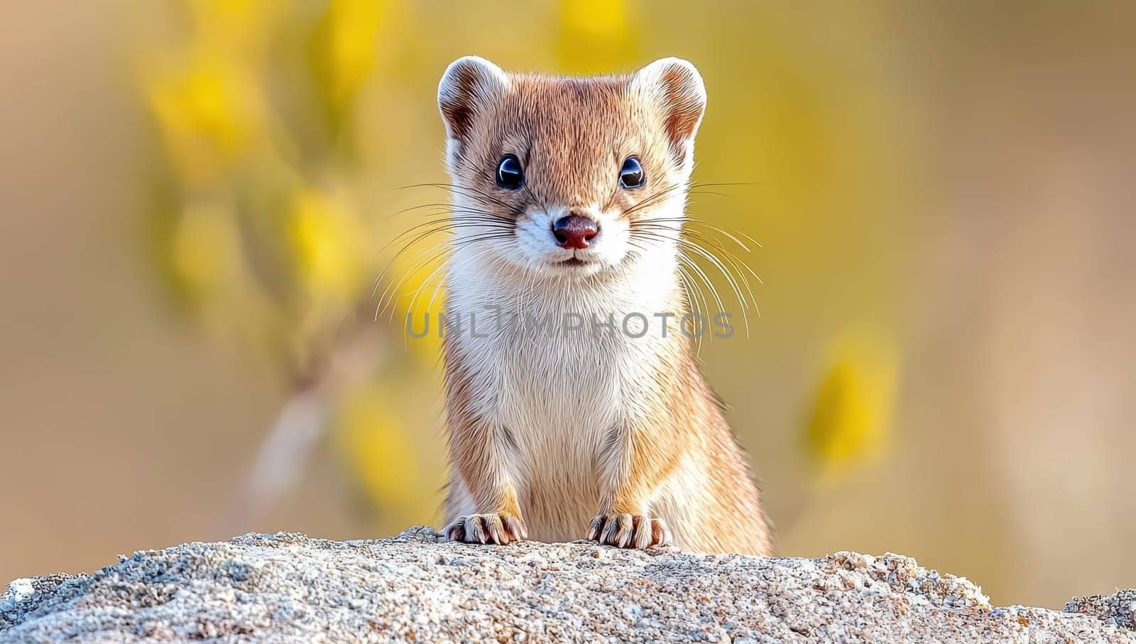 Curious weasel peering from rock in autumn nature
