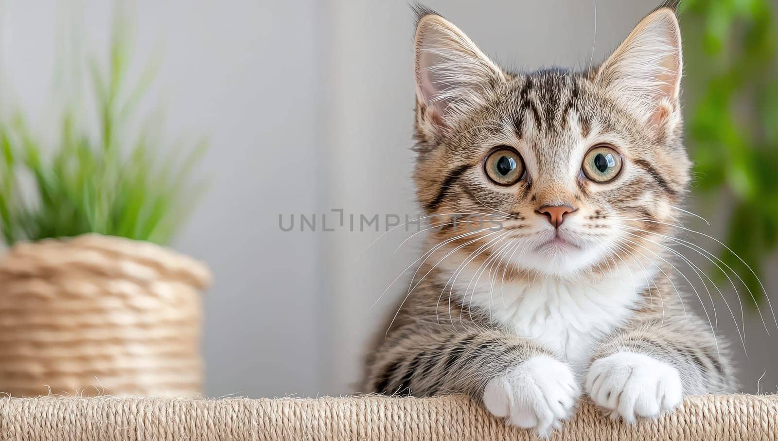 Cute tabby kitten with paws on cat tree looking at camera. Curious playful kitty cat at home