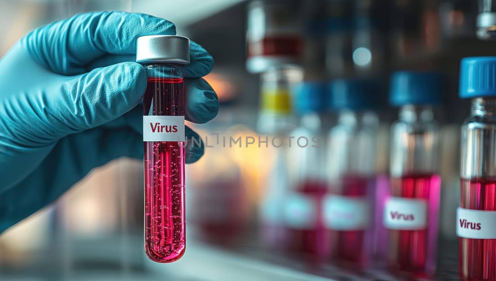 Medical test tube with blood sample in laboratory. Concept of medical research, diagnosis, and healthcare.