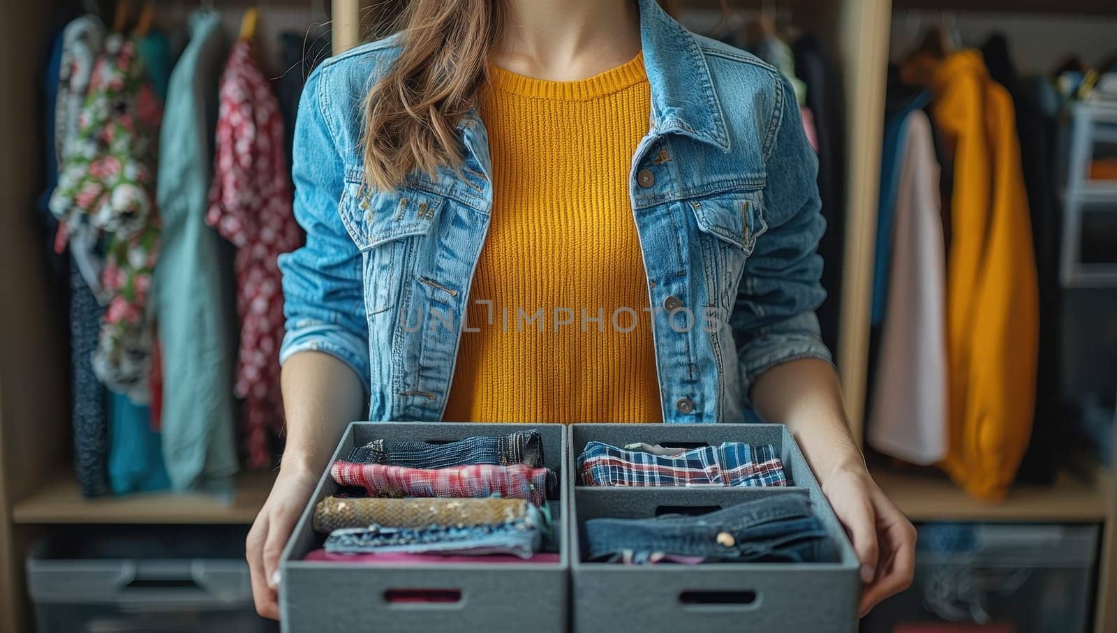 Woman organizing and sorting clothes in a closet. Concept of home organization, decluttering, and wardrobe management.