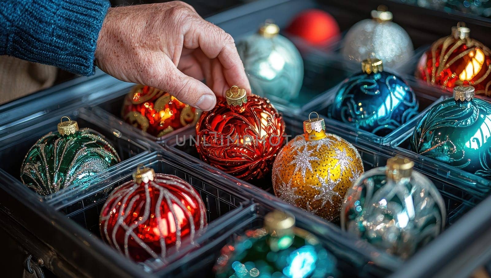 Assortment of colorful Christmas ornaments in a wooden box