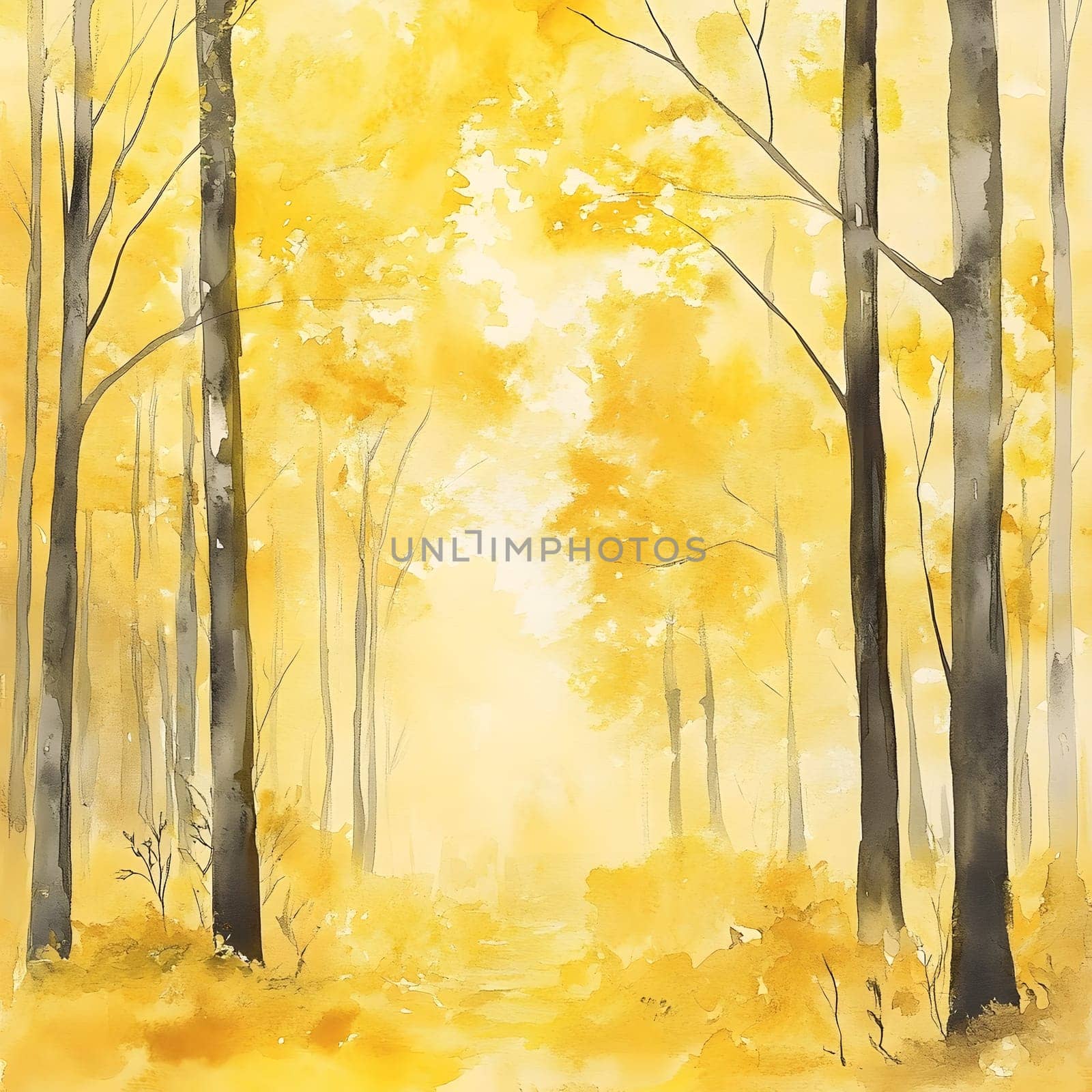 Yellow Watercolor Forest Nature Tree Landscape
