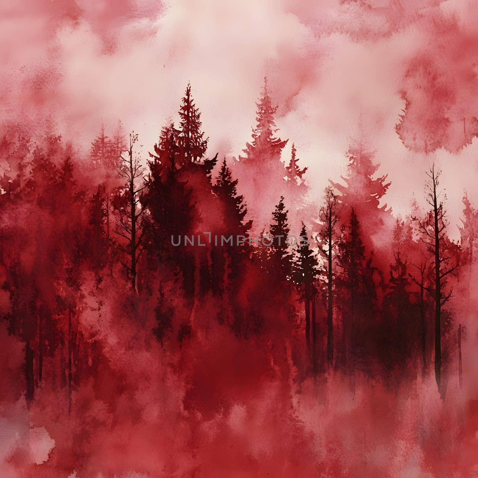 Red Watercolor Forest Nature Scenery Landscape wilderness