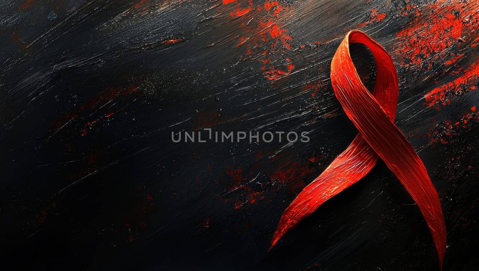 Red ribbon symbolizing AIDS awareness on a dark background