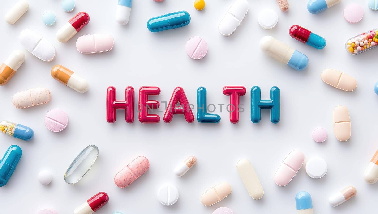Assorted medical pills and capsules with Health text