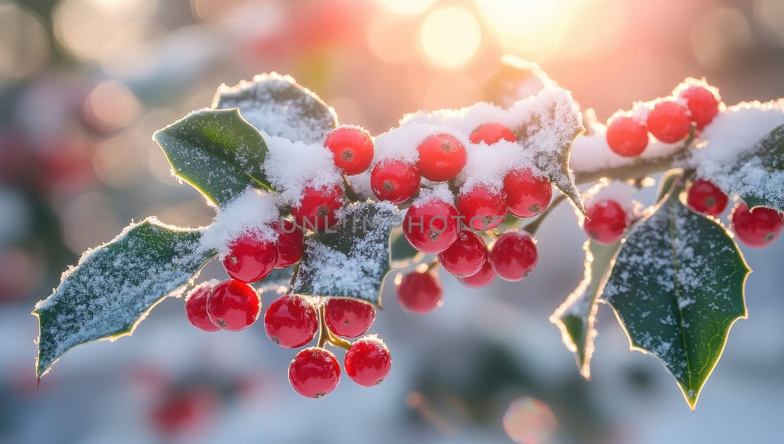 Snow Covered Holly Berries in Winter Sunlight, Festive Holiday Scene