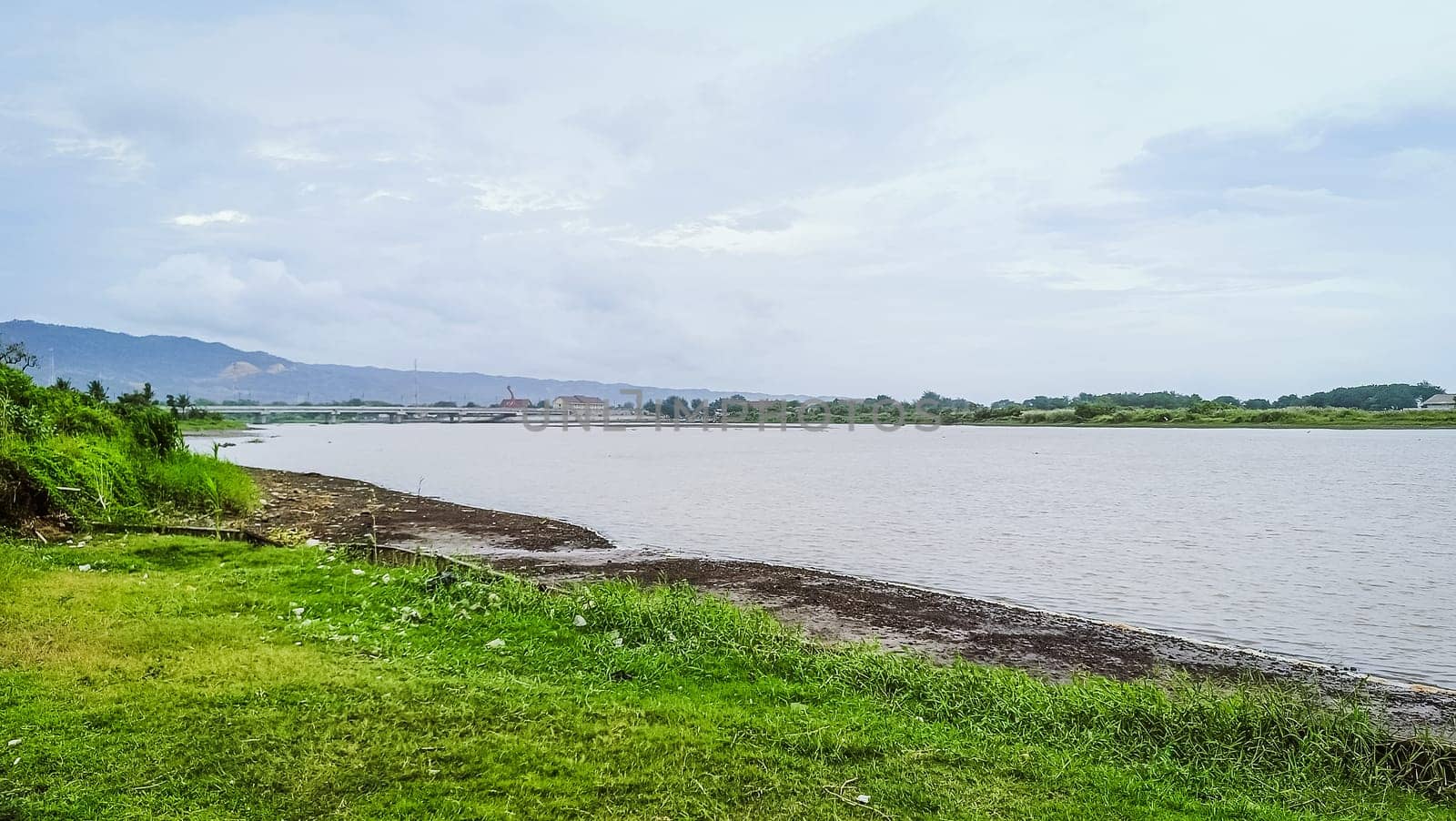 A river with a bridge in the background. The water is calm and the grass is green. The scene is peaceful and serene