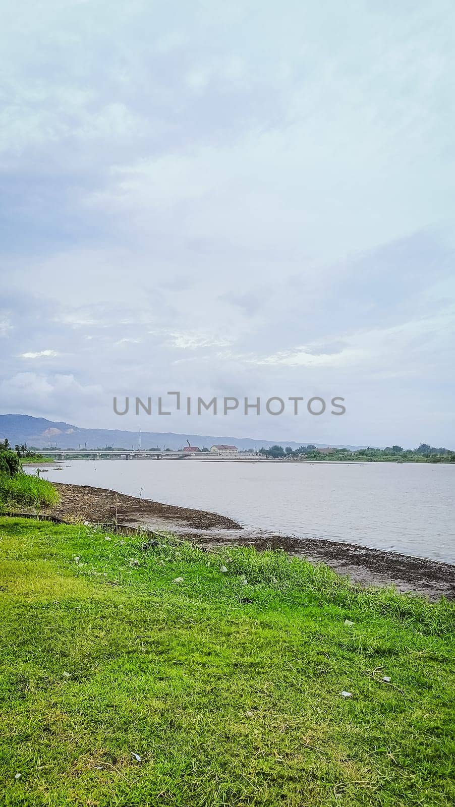 A river with a bridge in the background. The water is calm and the grass is green. The scene is peaceful and serene