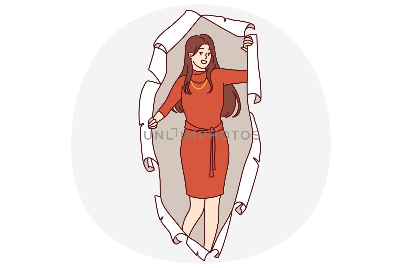 Woman in evening dress peeks out of hole in torn paper offering to attend party together. Young long-haired girl in elegant dress for carnival or corporate party smiles and looks at screen