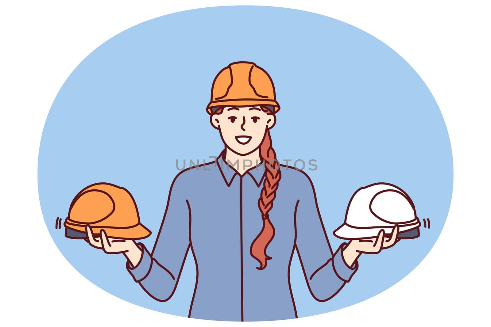 Woman foreman of construction company holds protective helmets for workers urging them to observe safety precautions in workplace. Girl with protective helmets for being in factory or plant