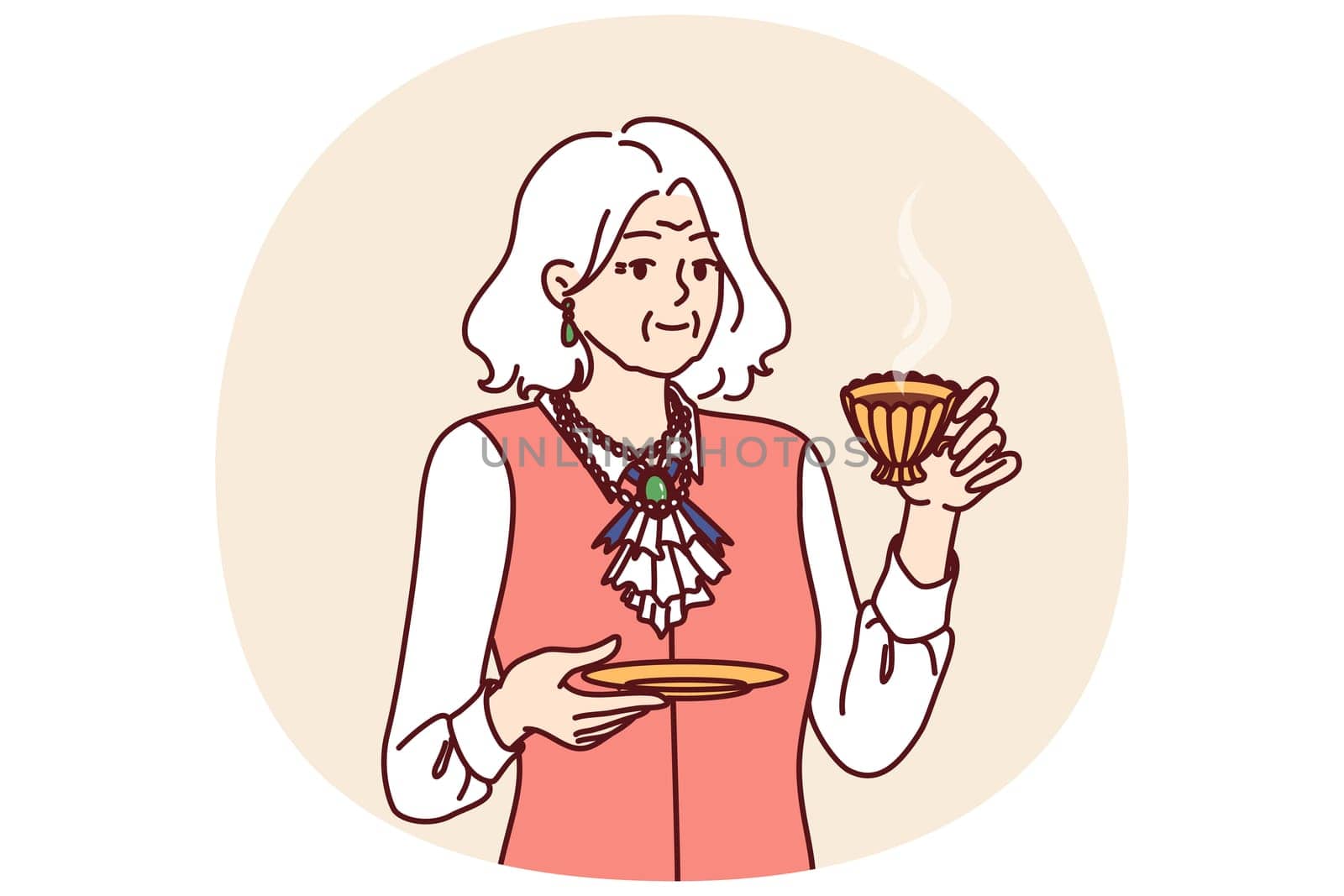 Elderly rich aristocrat woman drinks tea from golden mug and is dressed in exquisite expensive clothes with elegant accessories. Arrogant old woman is aristocrat and personifies power or snobbery.
