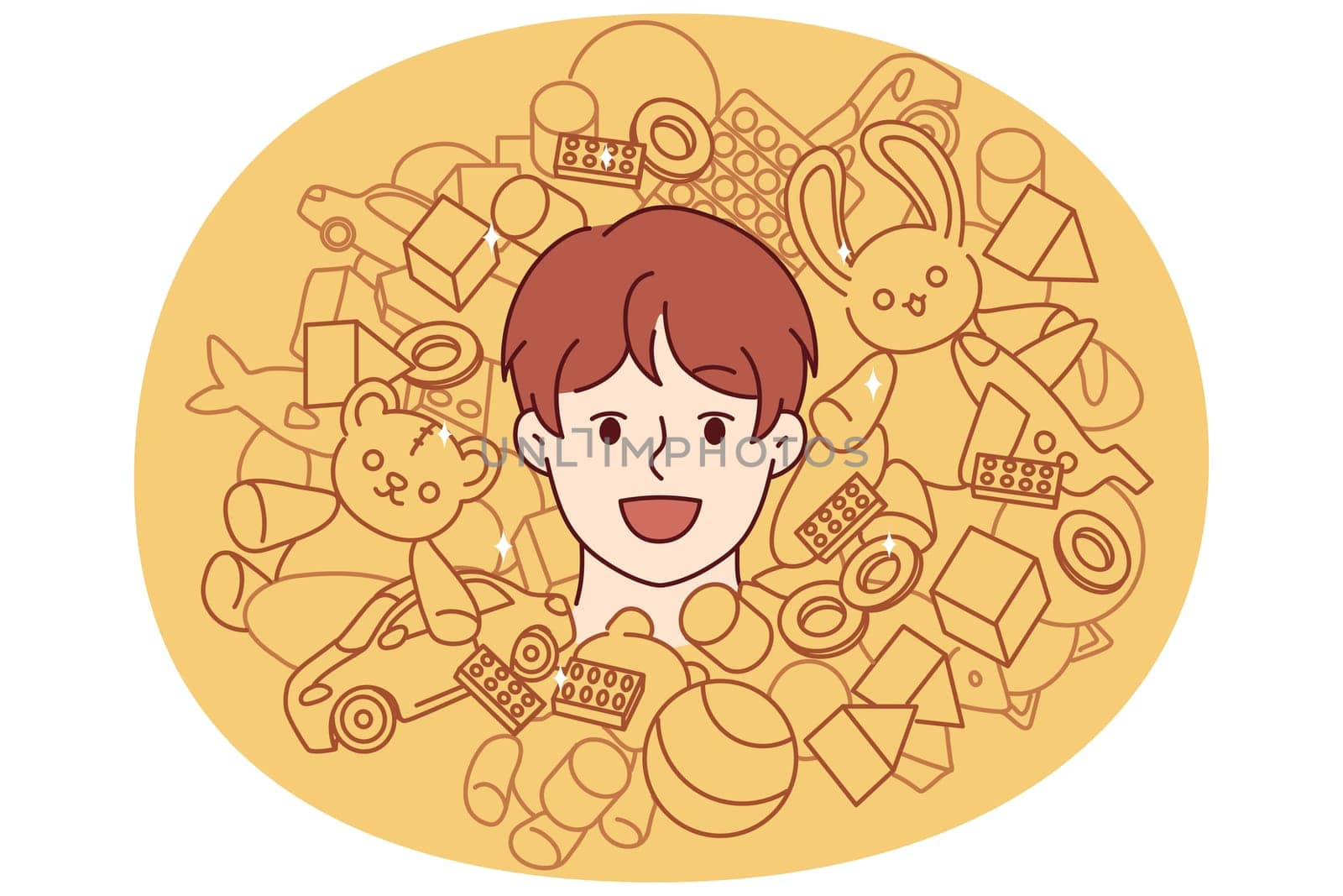 Face of teenager boy among toys and constructor for entertainment or development of child. Cheerful boy from kindergarten laughing enjoying happy childhood and abundance of toys for spending time