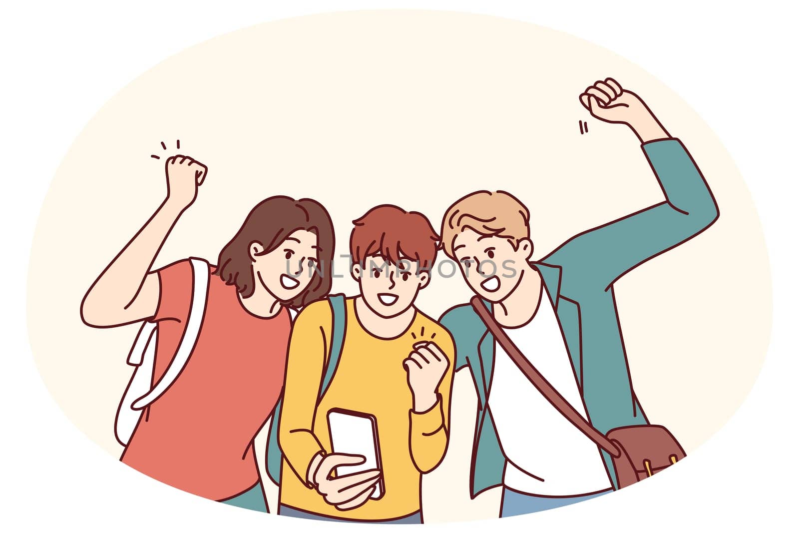 Overjoyed students with phone rejoice receive SMS notification about cancellation of classes at college or university. Happy students celebrating rejoicing checking grades for exam via phone