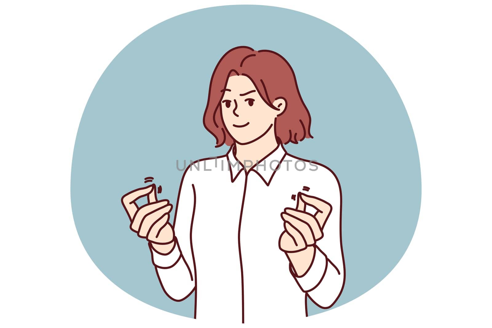Sneaky woman showing money gesture wanting cash for lobbying or getting insider information. Sneaky girl with selfish expression greets to receive bribe for anti-corruption concept
