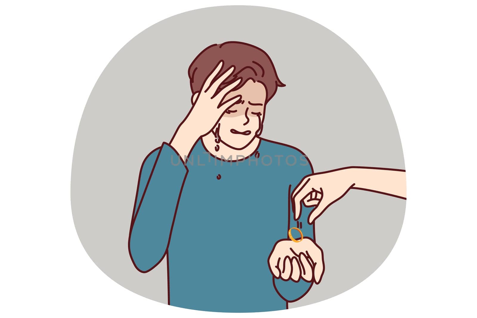 Crying man gets divorced and receives engagement ring from wife who cheated on husband and left for new boyfriend. Depressed husband suffers from depression after divorce and loss of beloved woman