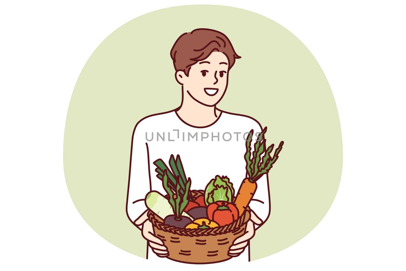 Man with basket of vegetables smiles and recommends going vegan or eating organic raw food. Vegetarian guy offers to buy farm vegetables and start new healthy diet to improve health