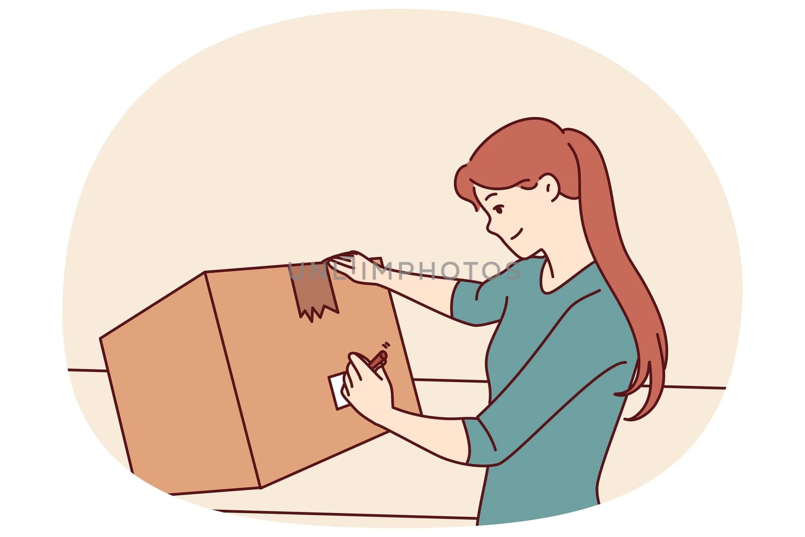 Woman with cardboard box signs package before sending goods through postal service or courier company. Young girl with big box packs household items when moving or renovating apartment