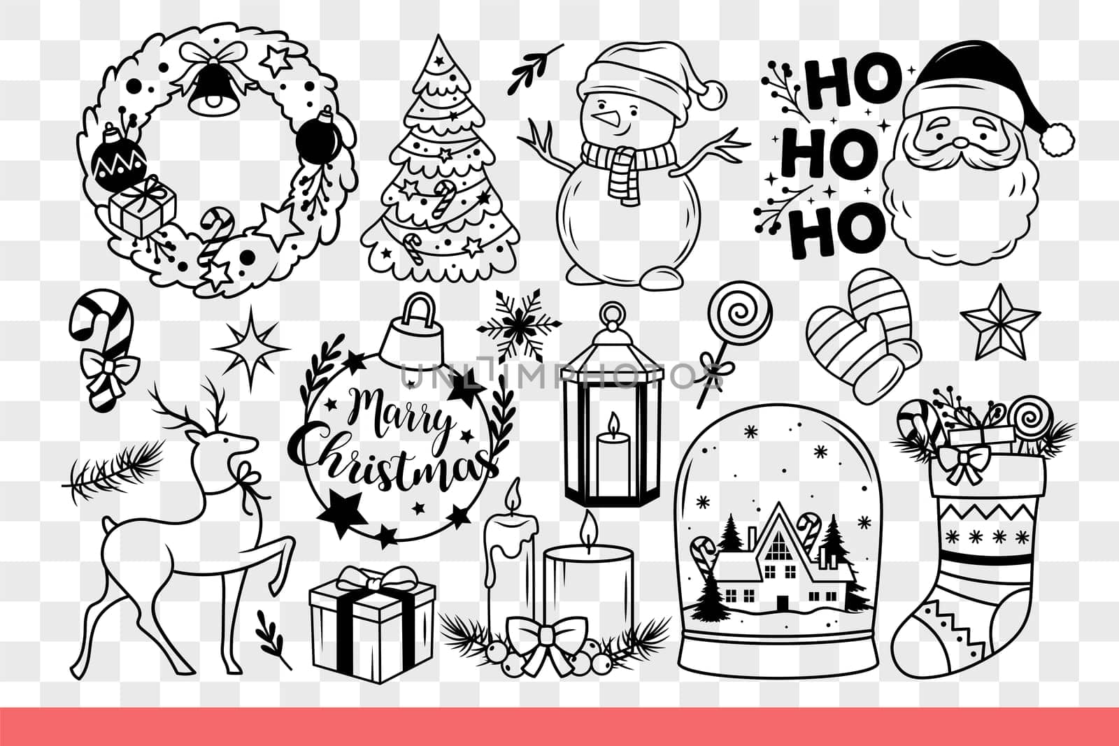 Christmas decorative items to create festive New Year atmosphere in house. Hand drawn.