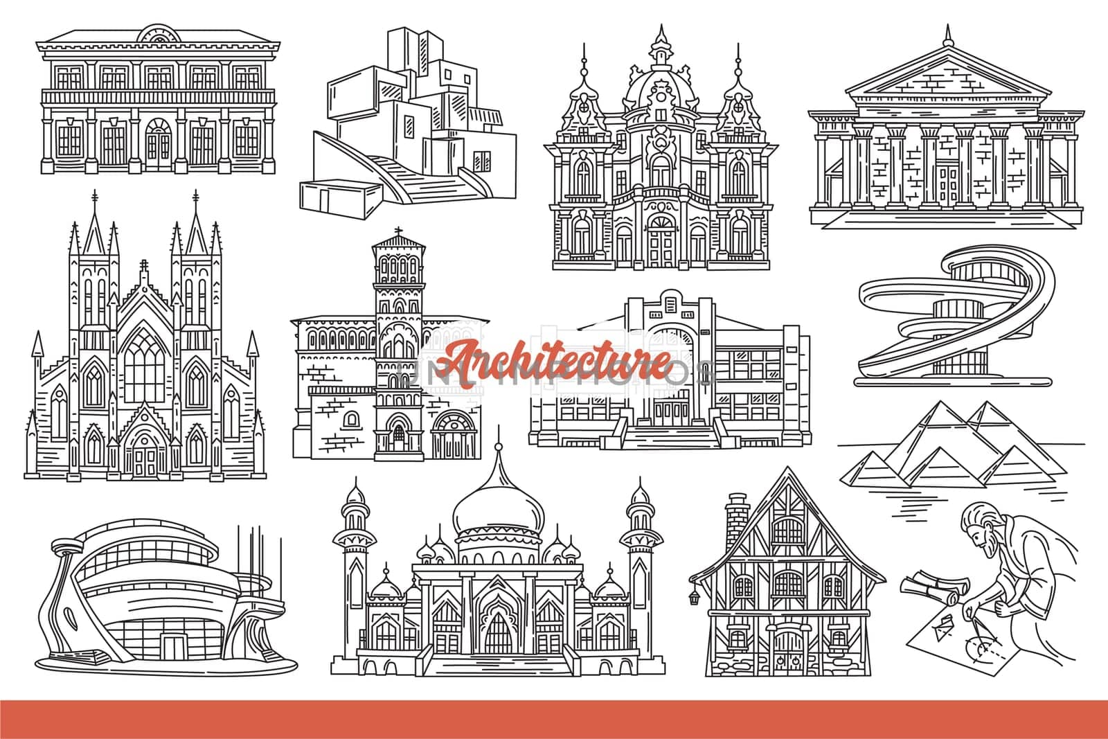 Architectural landmarks and world-famous buildings built in ancient times or today. Architectural masterpieces with mosques and cathedrals or pyramids near male engineer. Hand drawn.