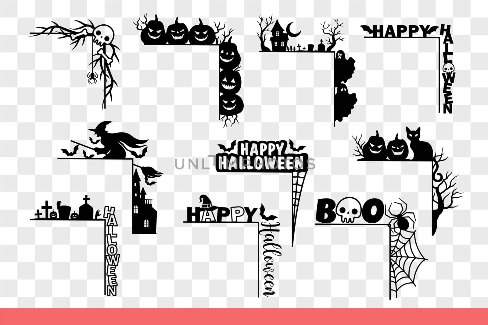 Halloween decorations on corners and frames for photos or cards with scary elements and titles. Flying witch and jack-o-lanterns on corners with symbols of halloween holiday. Hand drawn.