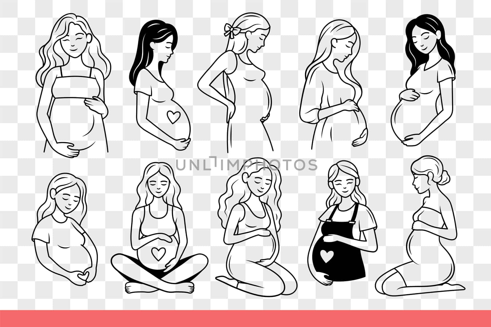Pregnancy women expecting child and smilingly dreaming of big family and healthy children. Expectant mothers during pregnancy holding belly, showing love and care for unborn baby. Hand drawn.