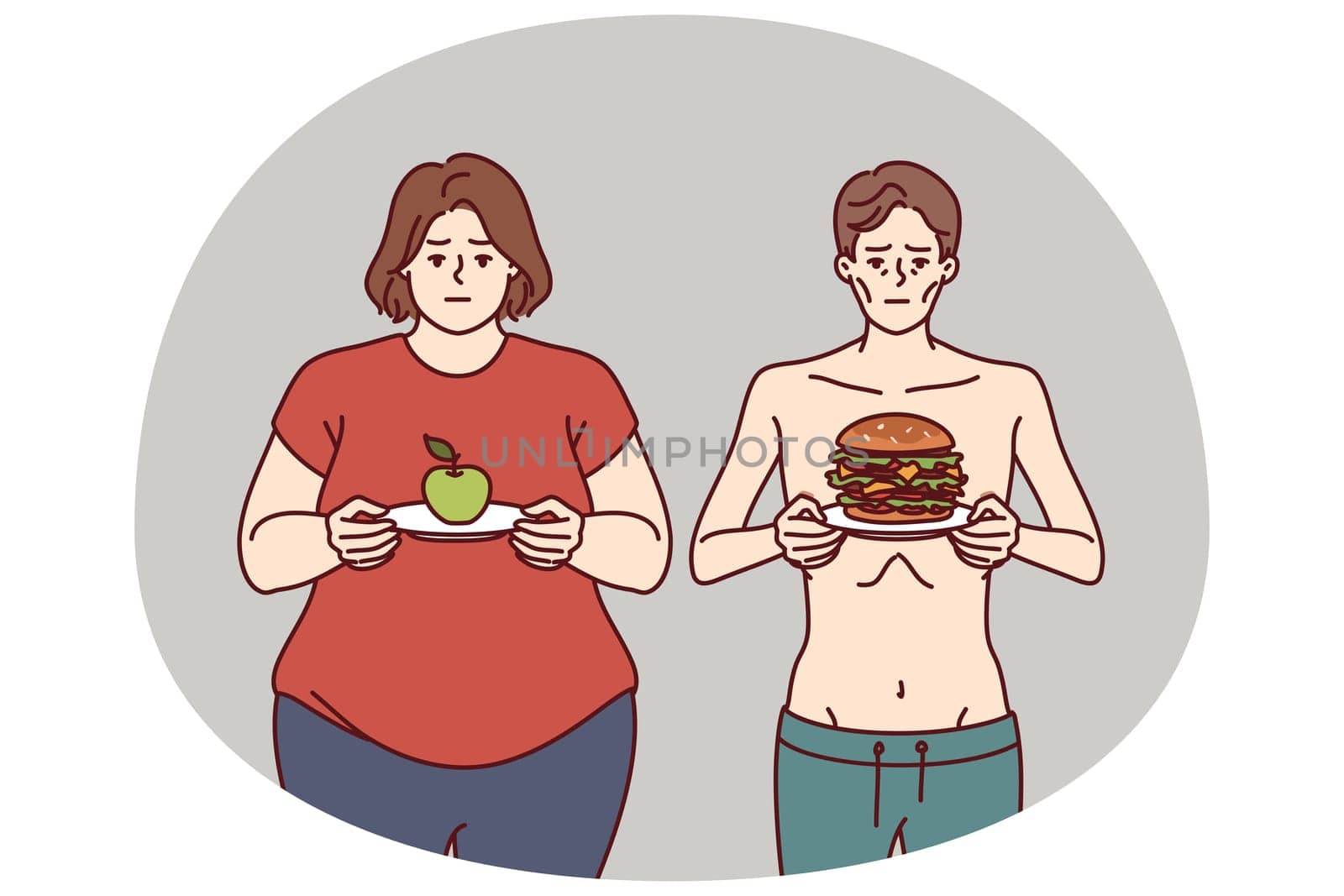Improper diet led to anorexia or obesity due to metabolic problems or not meeting norm of calories and carbohydrates. Thin man and fat woman need right diet and help of nutritionist doctor
