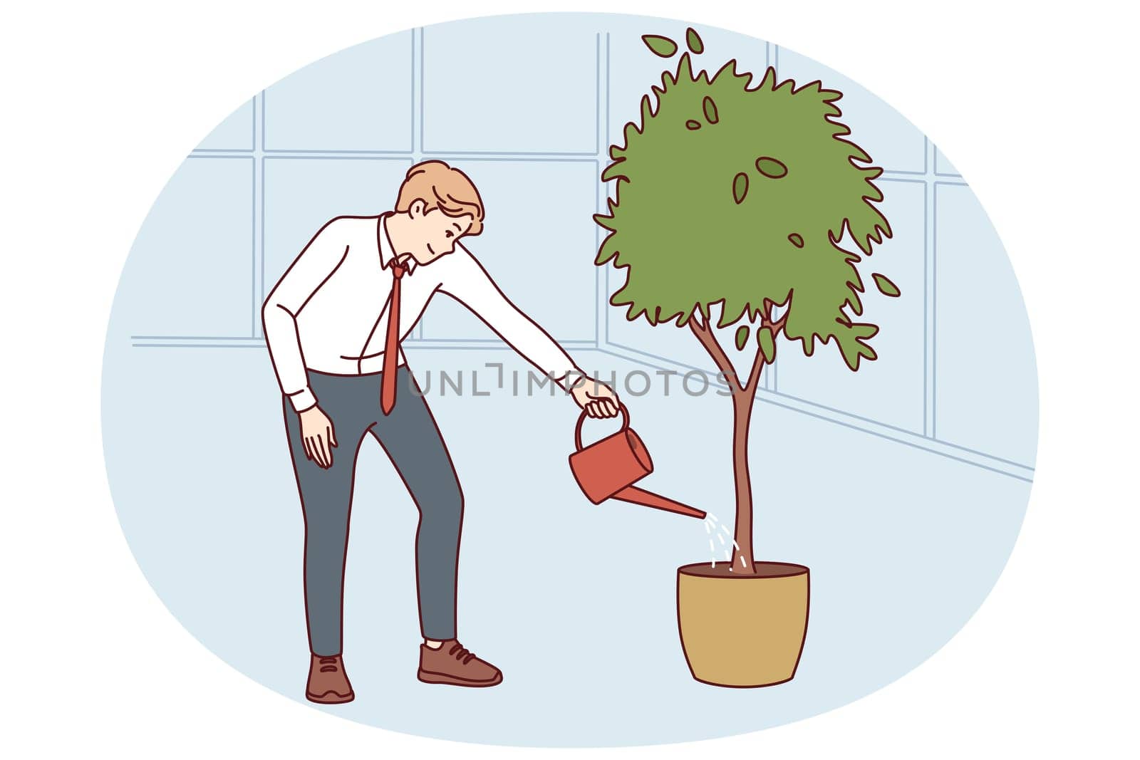 Businessman watering tree symbolizing investments and dividends received through financial literacy. Businessman taking care tree by investing strength in career growth or increasing money savings
