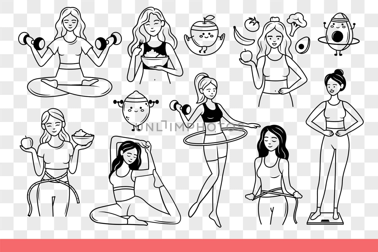 Lead healthy lifestyle and use organic diet or exercise to improve their well-being. Slender girls lift dumbbells and twirl hula hoop or eat vegetables to support healthy lifestyle. Hand drawn.